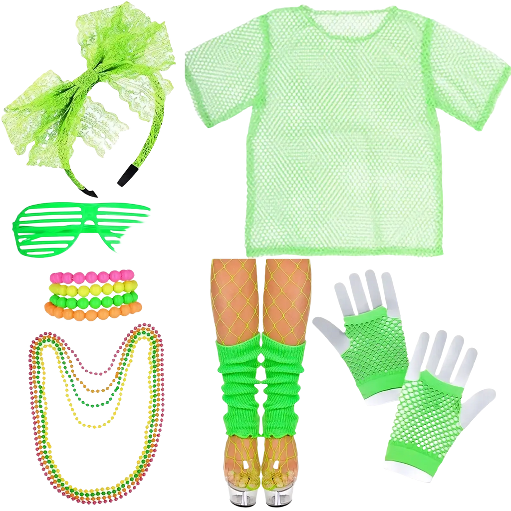 Neon green mesh short-sleeved top with subtle diamond pattern for 80s neon green disco costume set