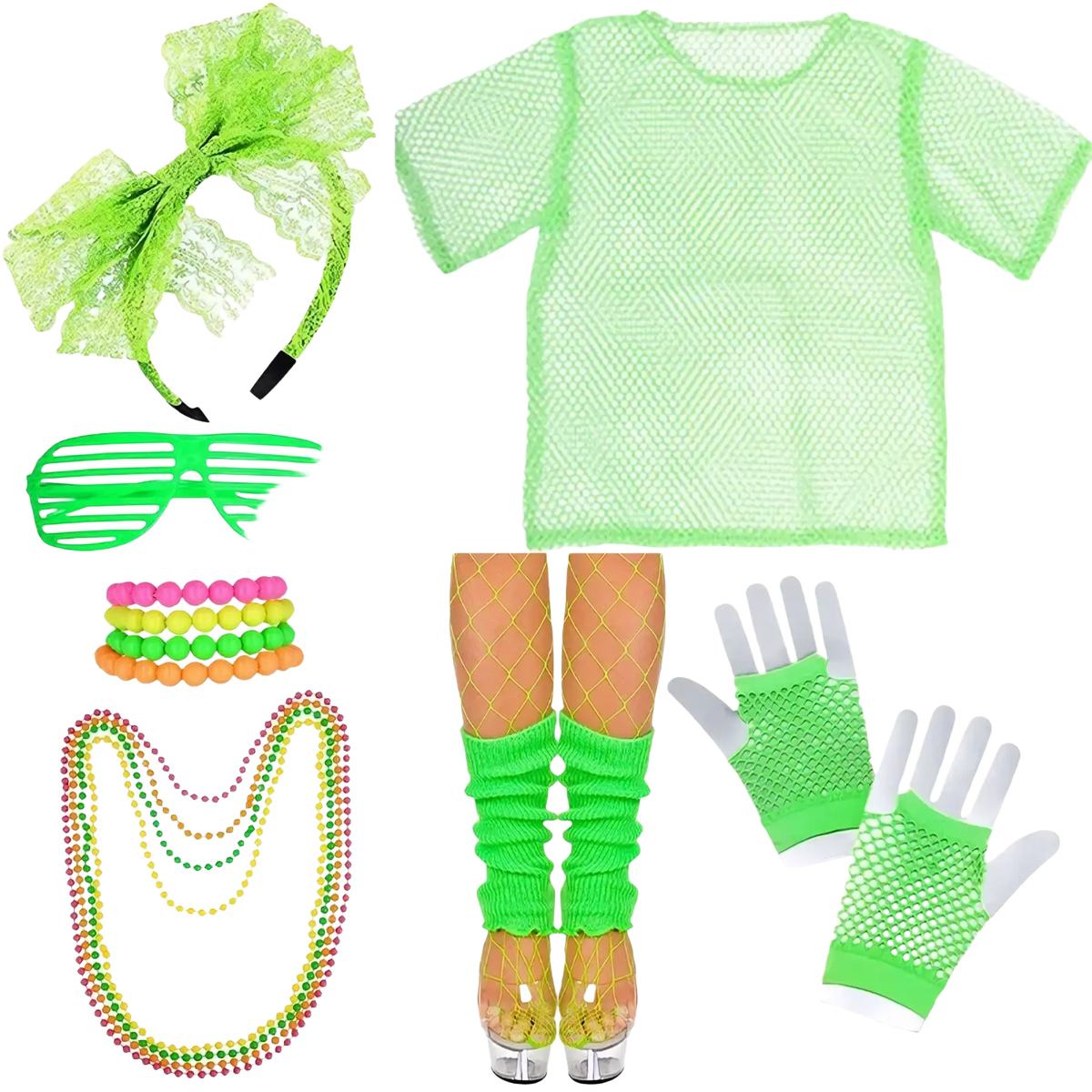 Neon green mesh short-sleeved top with subtle diamond pattern for 80s neon green disco costume set