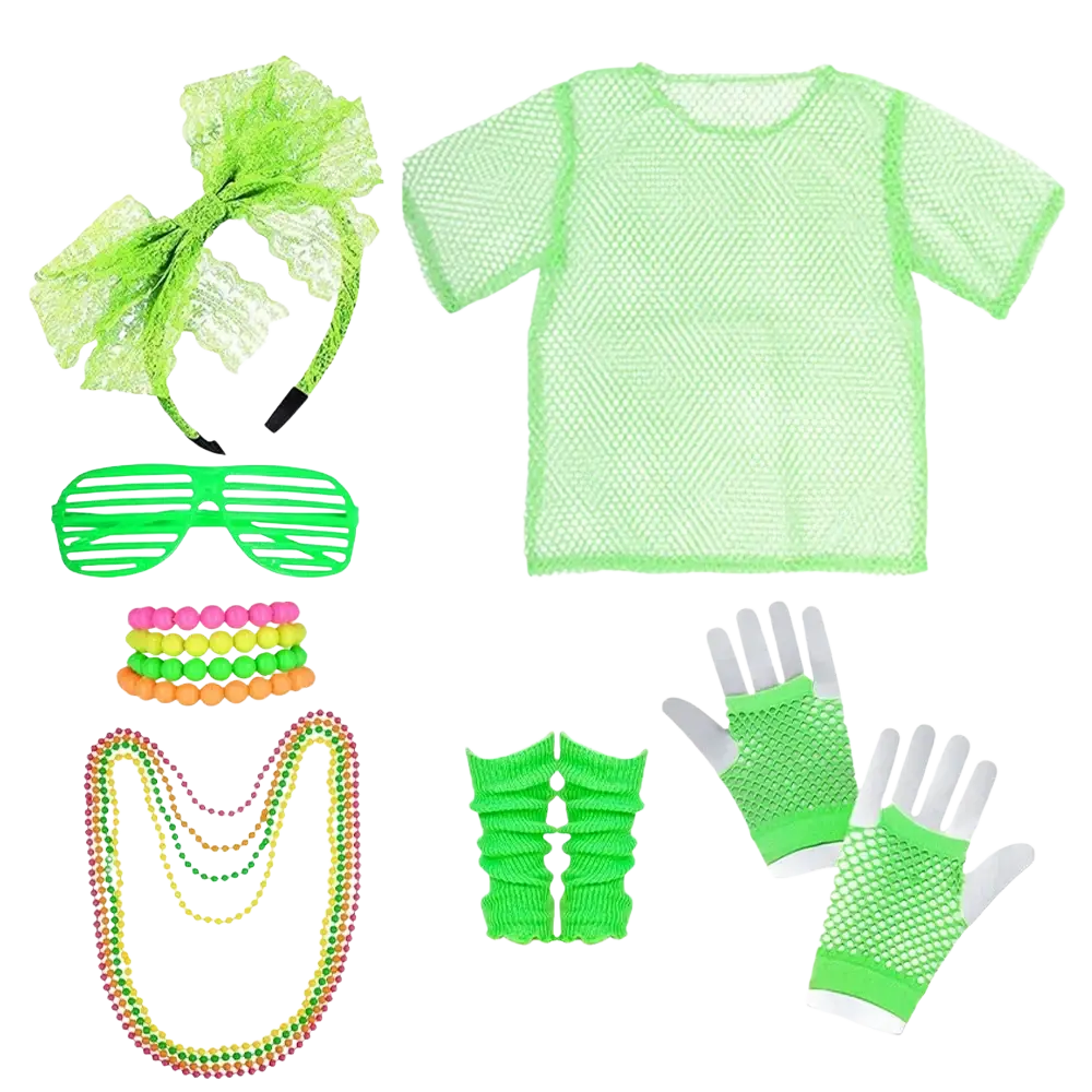 Neon green mesh short-sleeved top with round neckline and diagonal weave pattern in 80s neon green disco costume set