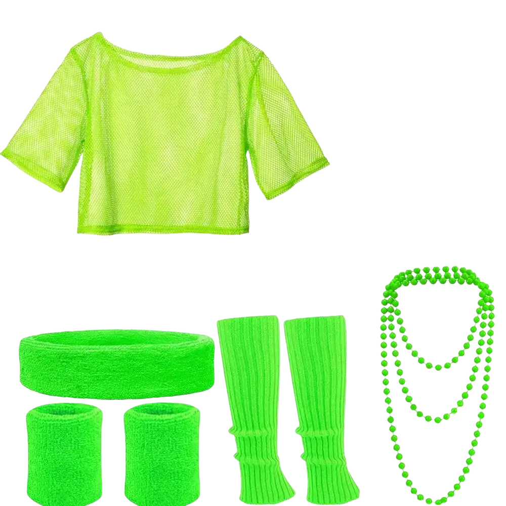 Neon green mesh crop top with short sleeves and scoop neckline in 80s neon green disco costume set