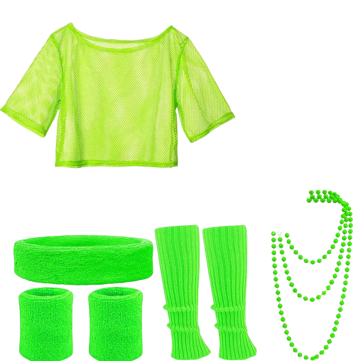 Neon green mesh crop top with short sleeves and scoop neckline in 80s neon green disco costume set