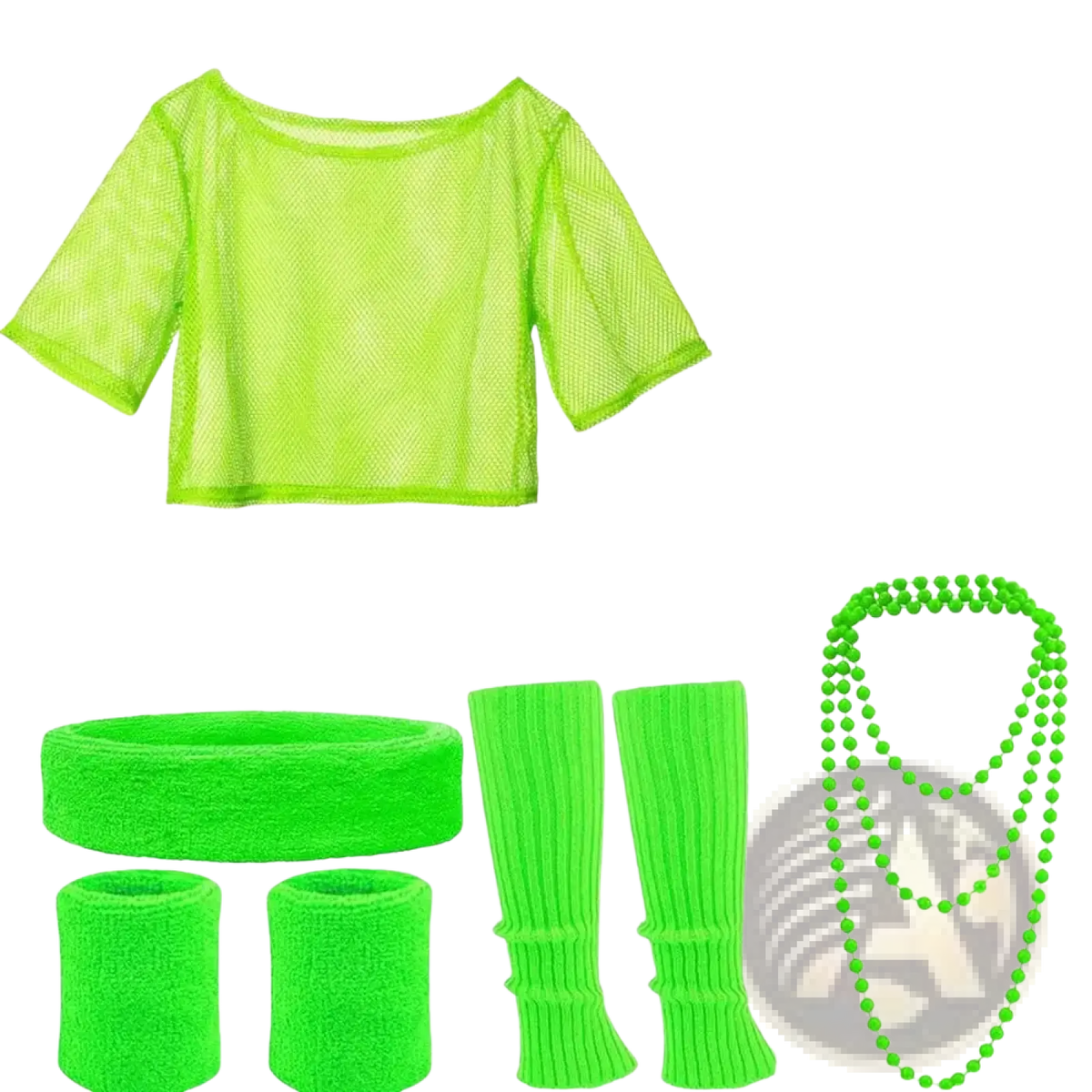 Neon green mesh crop top with short sleeves and scoop neckline in 80s neon green disco costume set