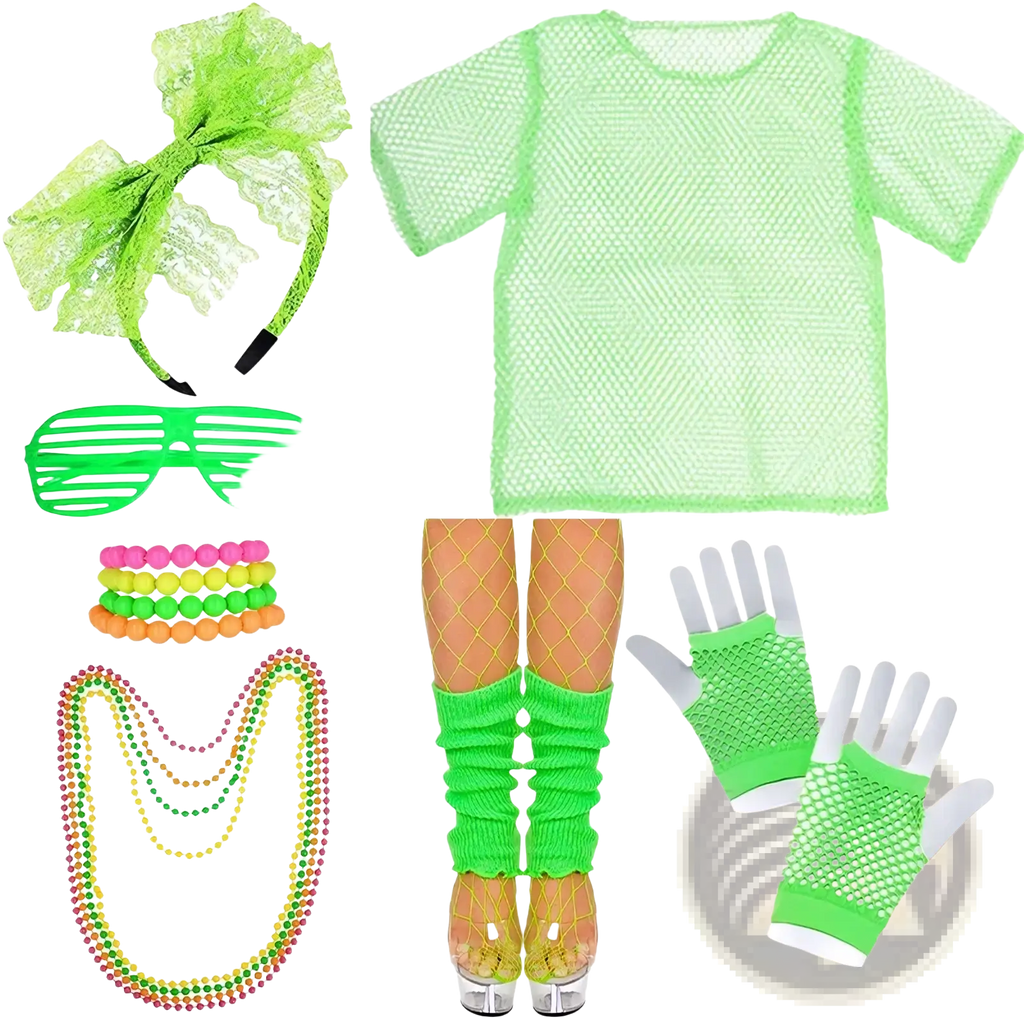 Neon green mesh short-sleeved top with subtle diamond pattern for 80s neon green disco costume set