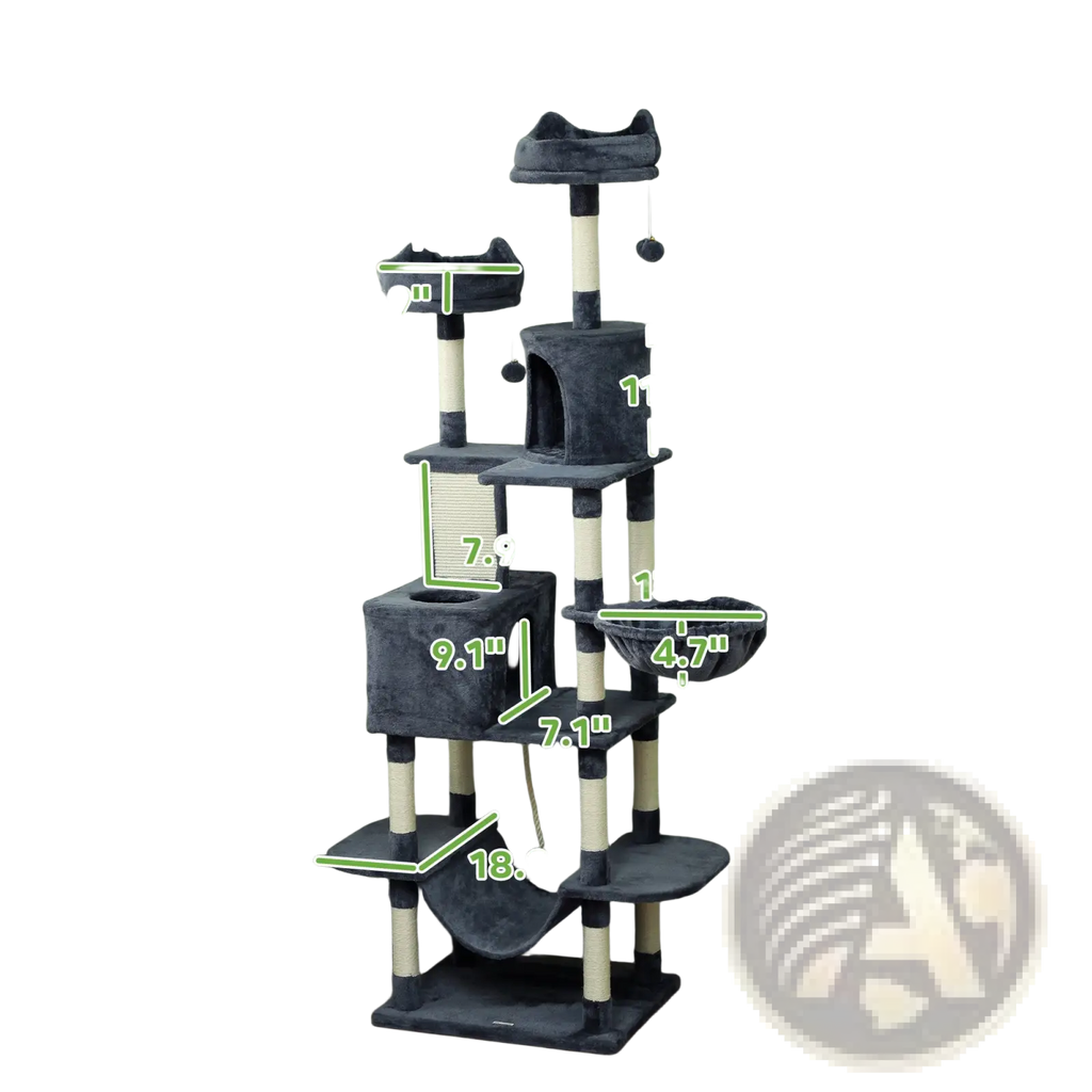 81 inch multi level tall cat tree gray plush with cream posts multiple platforms scratching surfaces and hammock