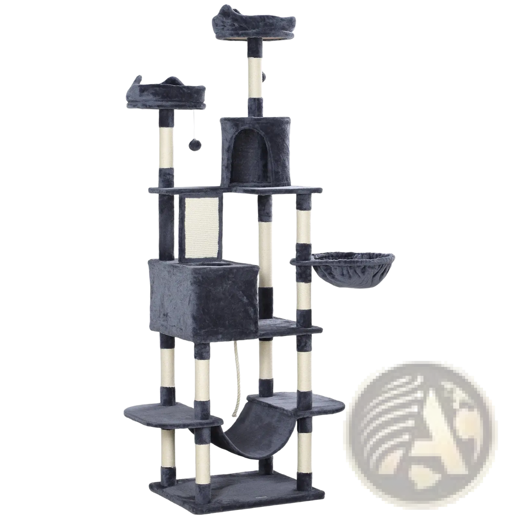 Dark gray plush 81 inch multi level tall cat tree with platforms and scratching posts for feline activity