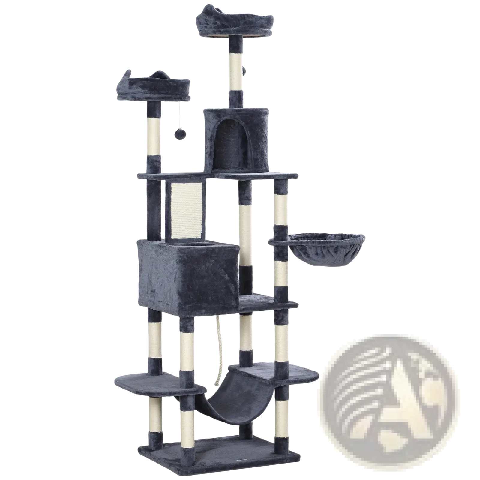 Dark gray plush 81 inch multi level tall cat tree with platforms and scratching posts for feline activity