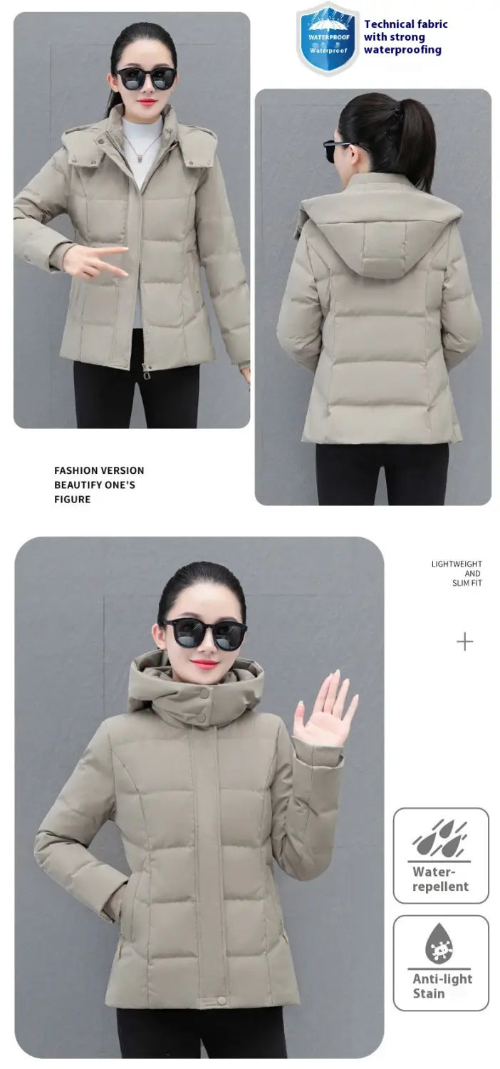 Chaqueta corta de plumón beige para mujer, abrigo acolchado corto, grueso y abrigador para el invierno, con capucha, diseño acolchado y tejido técnico resistente al agua.