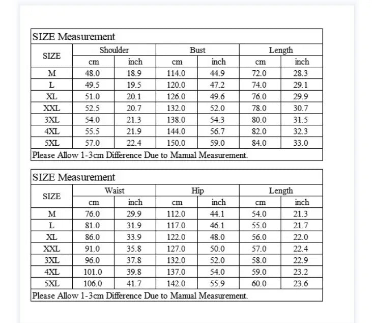 Size measurement chart for a brown knit polo shirt and shorts set for women showing dimensions in centimeters and inches for sizes medium to 5xl.