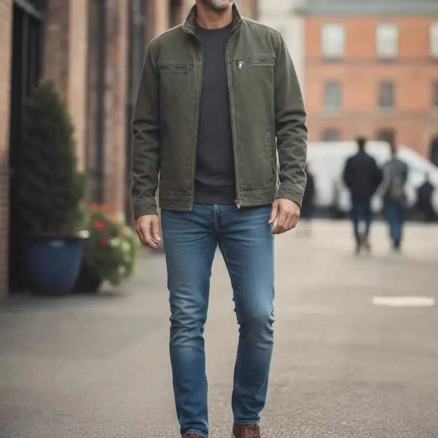 Men’s olive green faux leather workwear jacket featuring an olive green canvas front with zipper closure and two chest pockets.