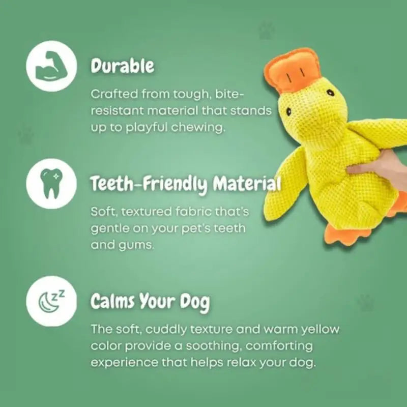 yellow knitted duck toy with orange beak and feet designed as a calming plush for dogs anxiety relief with a quacking feature