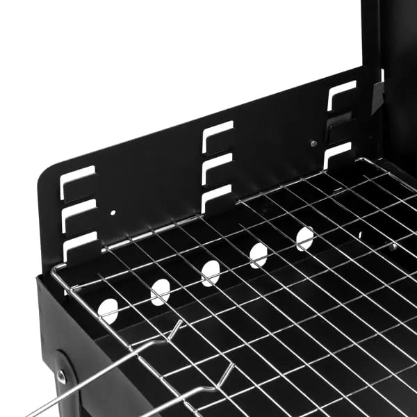 black metal grill rack with grid design and circular ventilation holes for portable charcoal grill 44cm folding square bbq steel