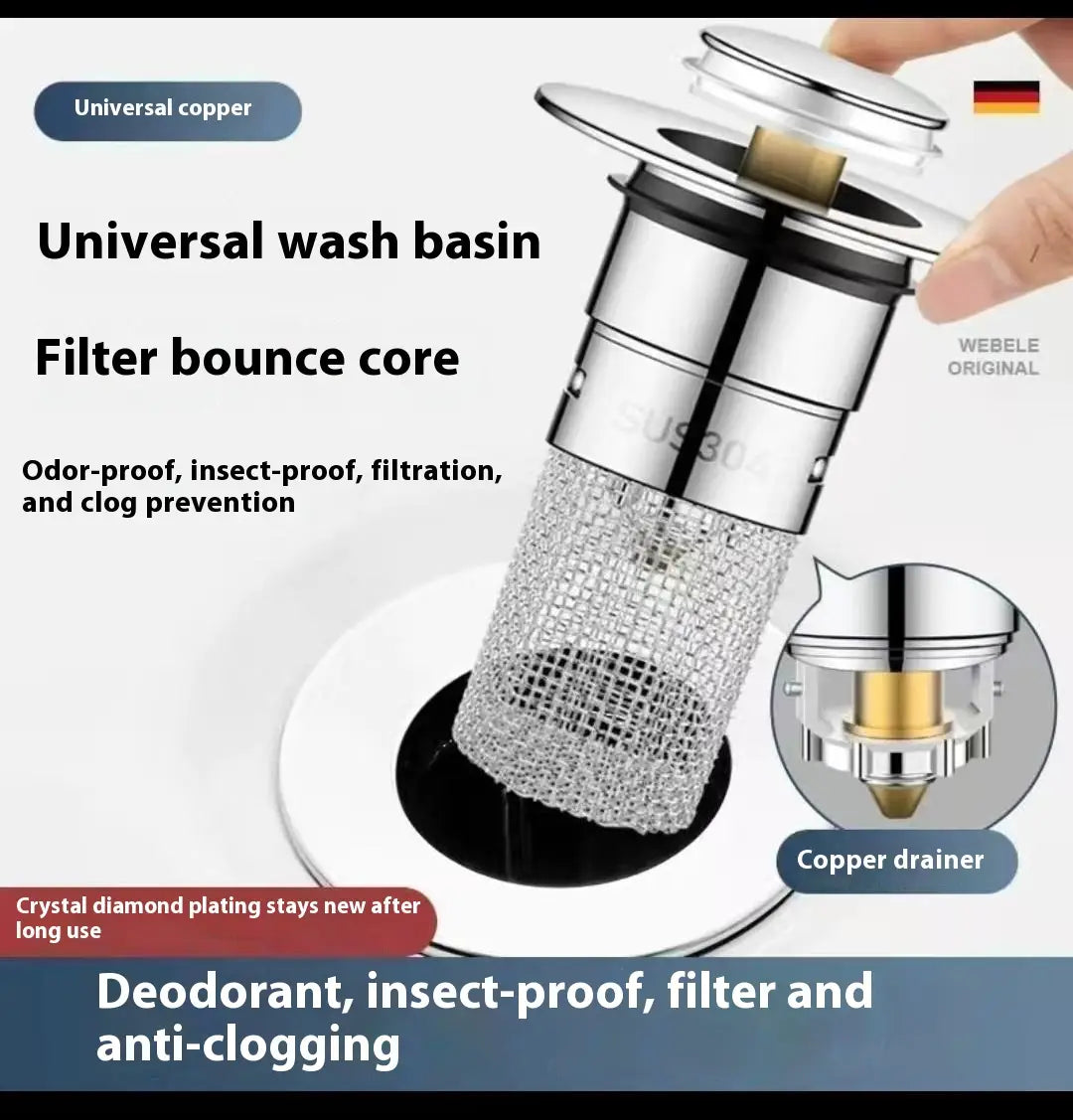 Shiny chrome-finished universal wash basin drain filter with a mesh filter and copper core made of SUS304 for durable corrosion resistance.