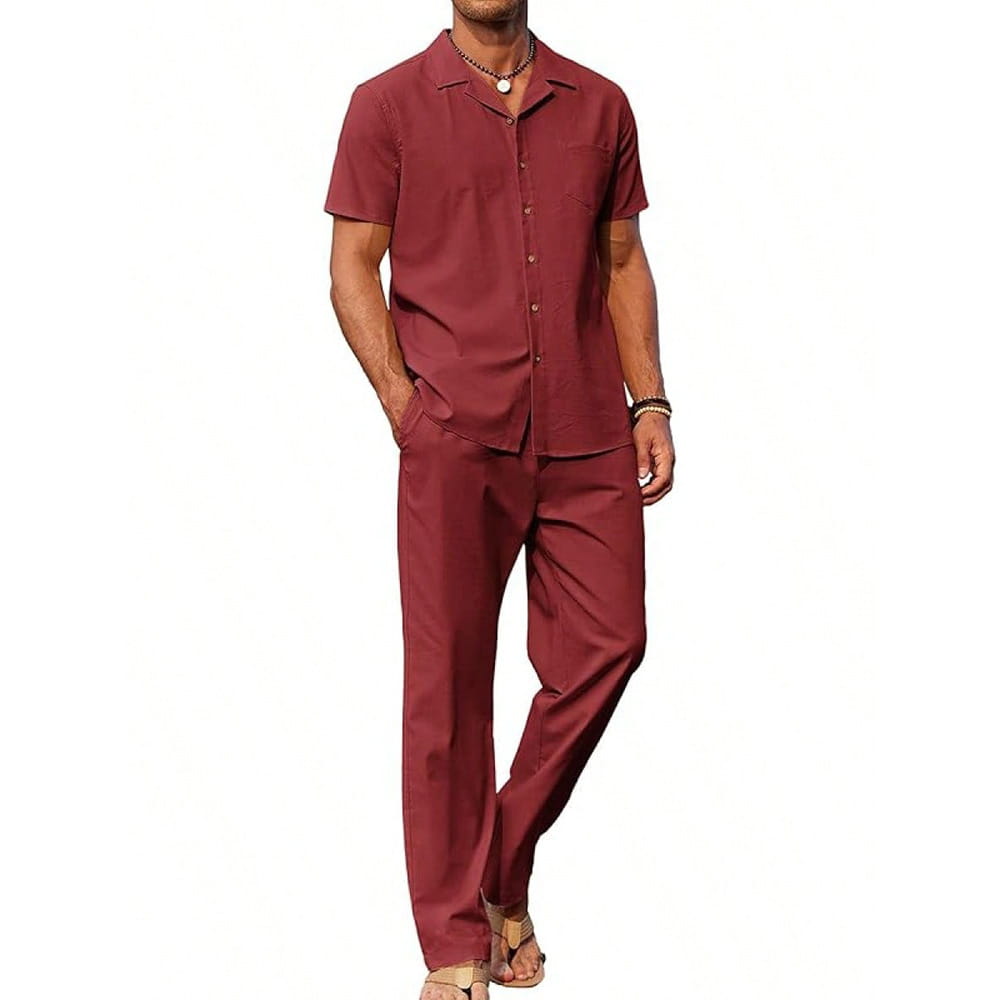 Men short sleeve shirt and trousers set in maroon featuring a button-up design and matching fabric for a coordinated look