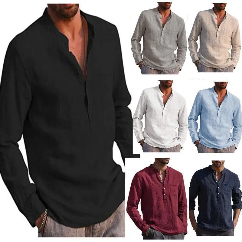 Herren-Leinenhemd mit langen Ärmeln im lässigen Beach-Stil in Schwarz mit Knopfleiste vorne und dezentem Leinengewebe.