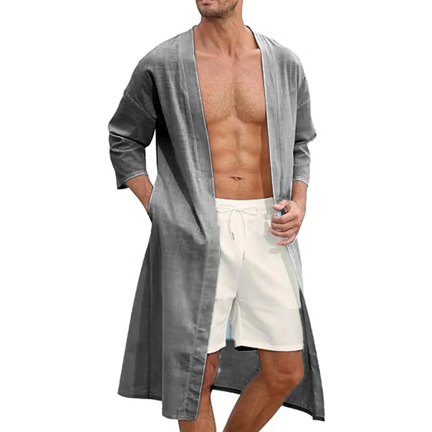 men’s relaxed fit open front kimono cardigan in gray velvet with a relaxed design and three-quarter length sleeves.
