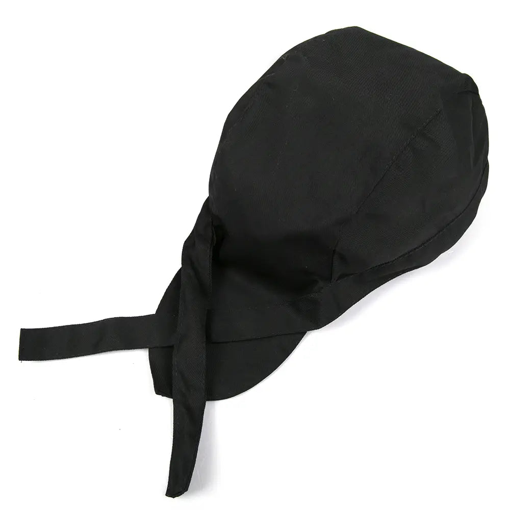 black fabric chef hat adjustable kitchen work cap with ties shown from the back side for secure fit in a multi pack