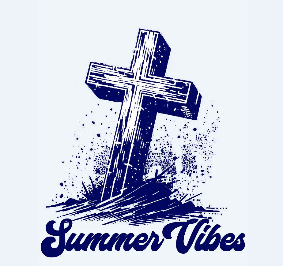 A distressed blue wooden cross graphic with rustic hand drawn texture and splatter effects on a pink baseball cap summer vibes trucker hat.