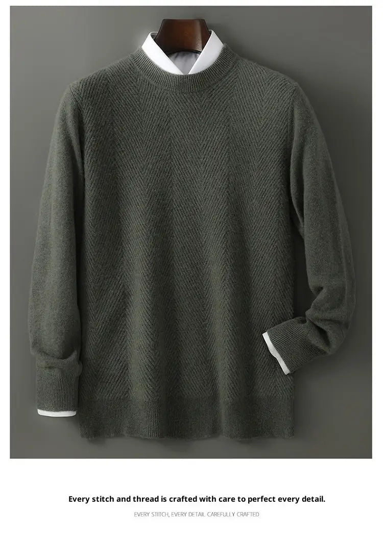 dark gray herringbone knit cashmere pullover sweater for men with white ribbed cuffs and collar.