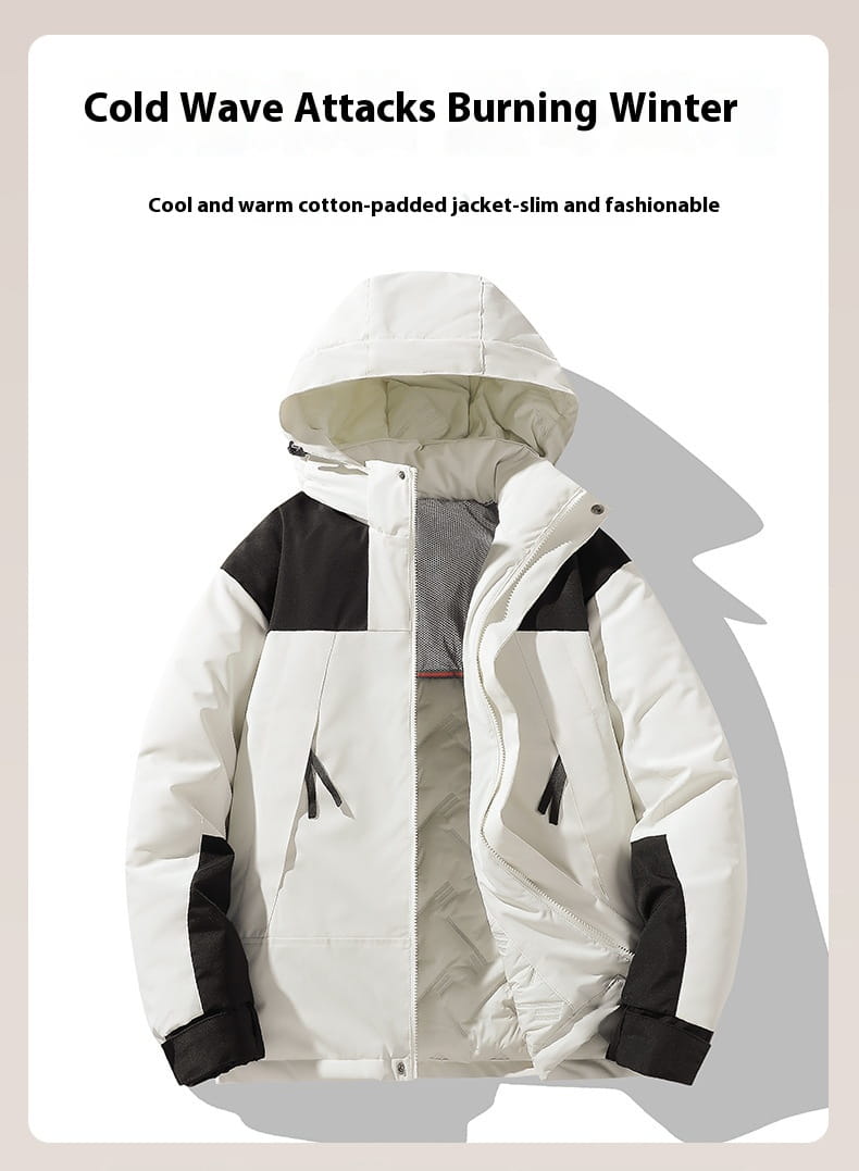 A slim waterproof thermal winter puffer jacket in white and black cotton padding with a hood and zippered pockets.