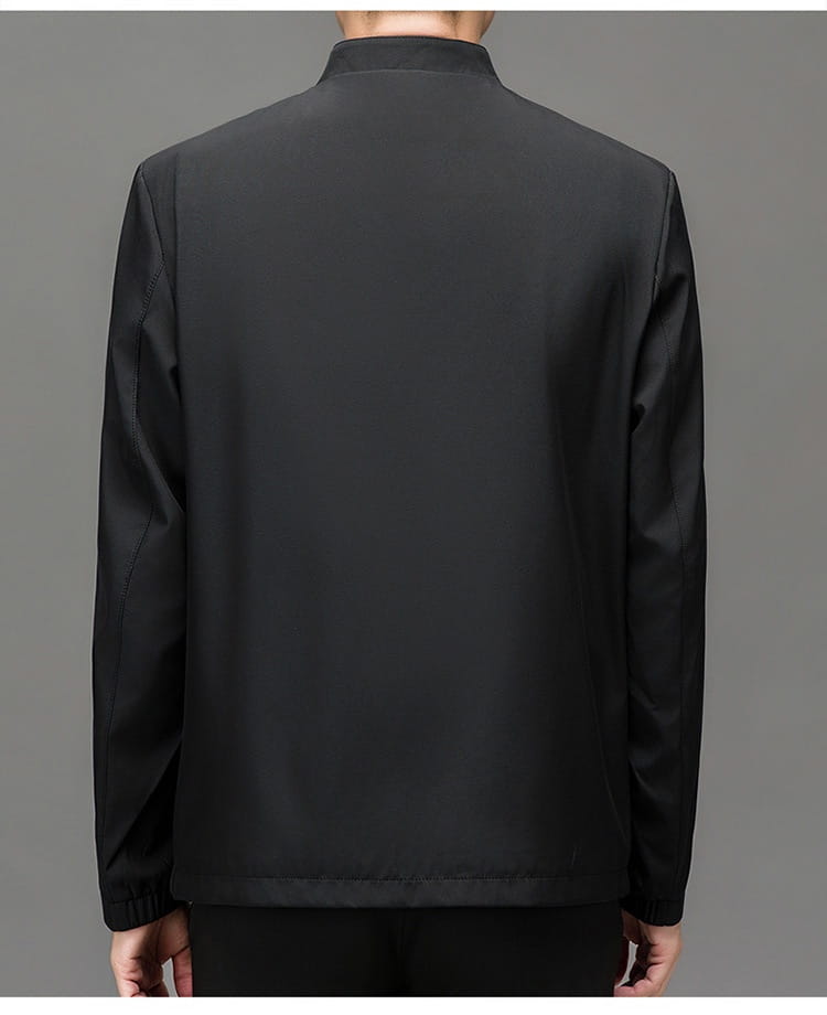 men casual polo bomber jacket black sleek long-sleeved with subtle sheen and ribbed cuffs