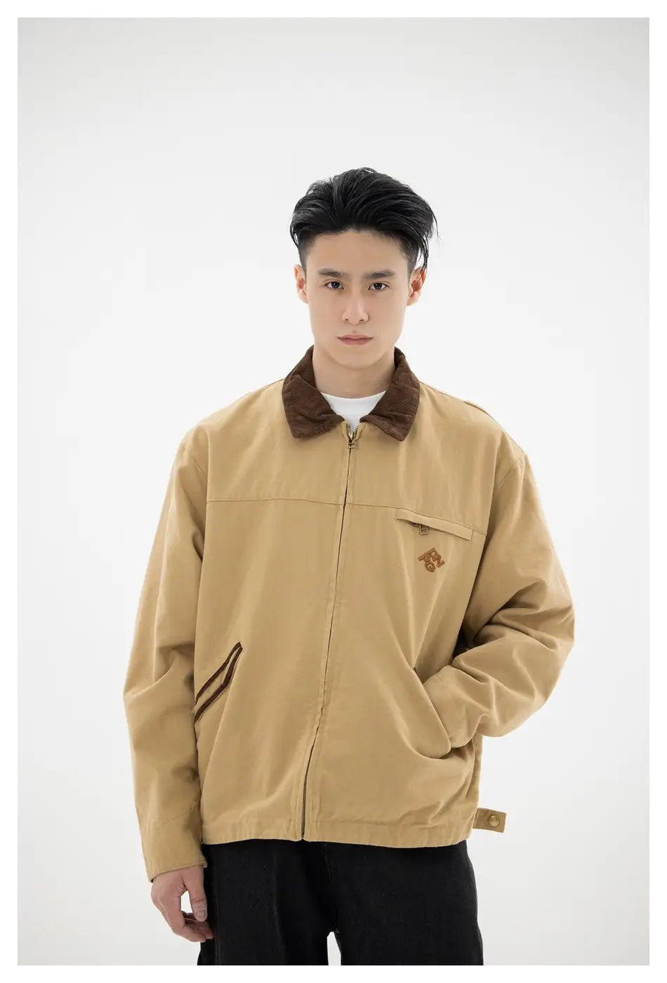Retro washed Detroit jacket men featuring a tan corduroy material with a brown collar and matching pocket patch.