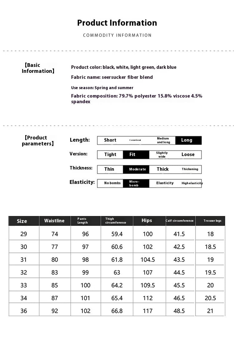 Men’s slim fit pleated summer linen suit trousers in black, white, light green, or dark blue seersucker fiber blend with 79.7% polyester and 15.8% viscose composition.