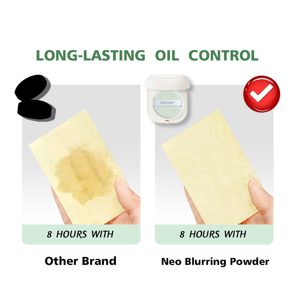 boîte de poudre compacte blanche contenant un coussin vert clair de poudre Neo Blurring pour un réglage à effet de flou doux dans la boîte de pose réglante Lakerain à effet de flou doux pour poudre libre