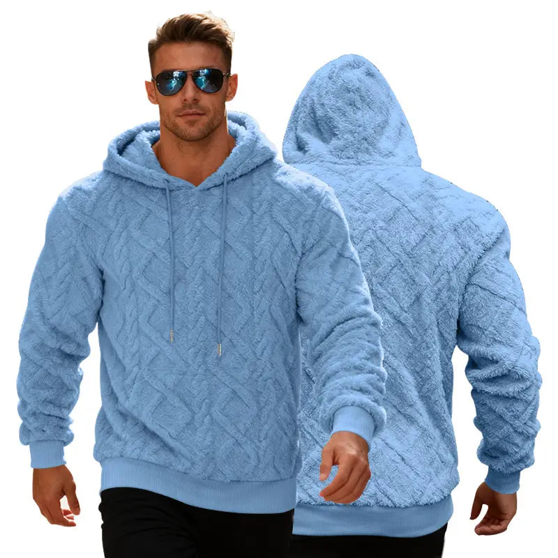 Men’s light blue textured cable knit fleece hoodie with matching hood and drawstrings featuring a fleece-lined knit design.