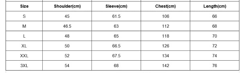 Le tableau présente les mesures de taille pour une doudoune matelassée pour homme avec col montant, y compris les dimensions des épaules, des manches, de la poitrine et de la longueur, pour les tailles allant de S à 3XL.