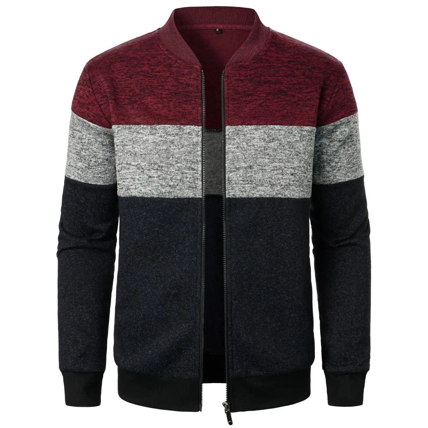 Men’s bomber jacket featuring a colorblock design in maroon gray and black textured knit fabric titled Colorblock Knit Bomber Jacket Men.
