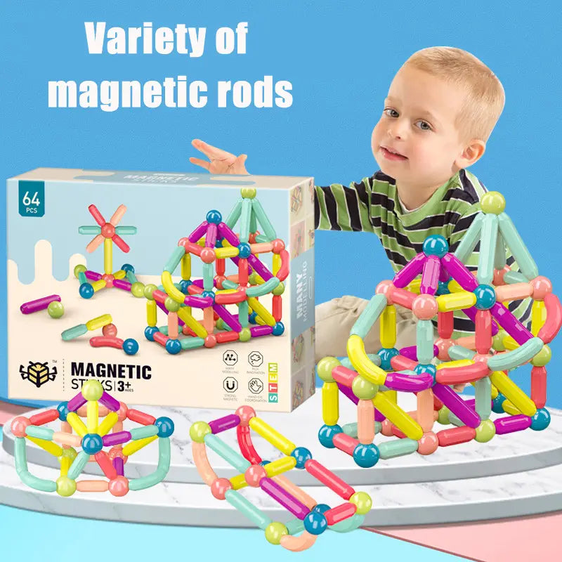 Varillas magnéticas coloridas en tonos pastel y vivos de un conjunto de bloques magnéticos para niños con 50 a 100 piezas, diseñadas para la construcción creativa y el juego educativo.