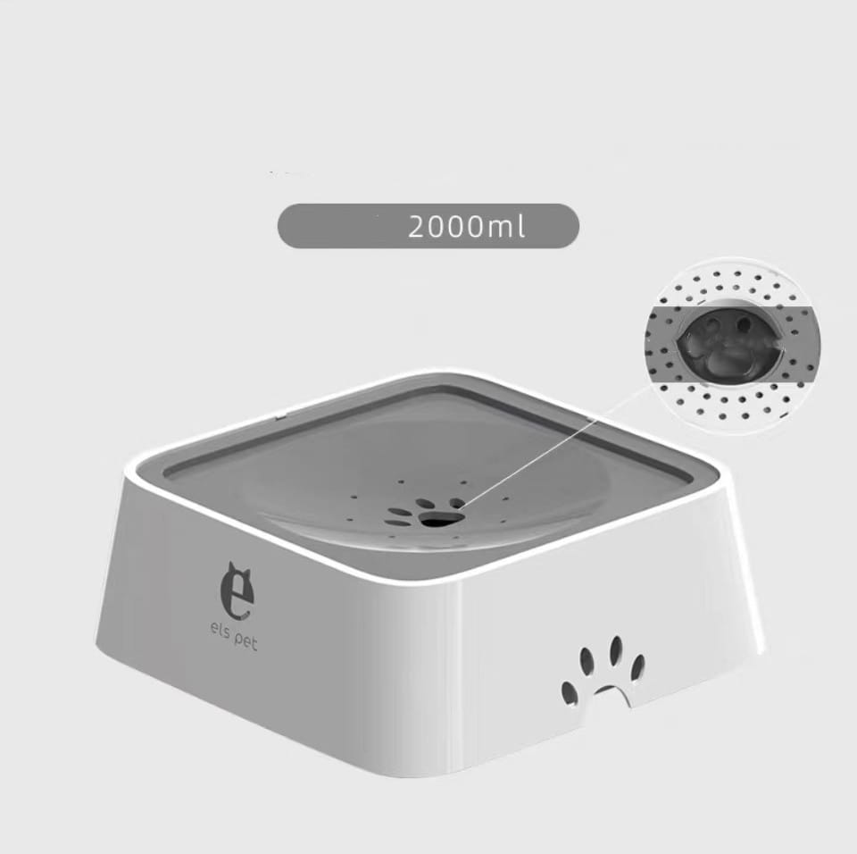Weiße Kunststoff-Schale für 2 l zur Vermeidung von Überlaufen für Haustiere mit langsamer Trinkzufuhr, mit 2000 ml Kapazität und Pfotenabdruck-Aussparungen an der Seite.