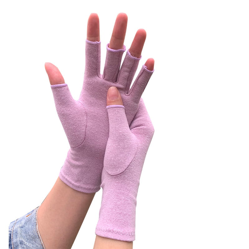 Arthritis compression gloves fingerless support in light purple made of soft stretchy fabric with a snug fit and reinforced palm area.