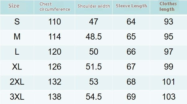 Size chart for men woolen overcoat double breasted winter coat showing garment measurements in centimeters for sizes S through 3XL.