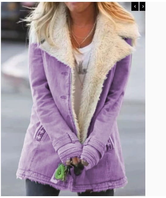 Purple denim plush lapel cotton coat for women with cream-colored shearling-lined collar and cuffs.
