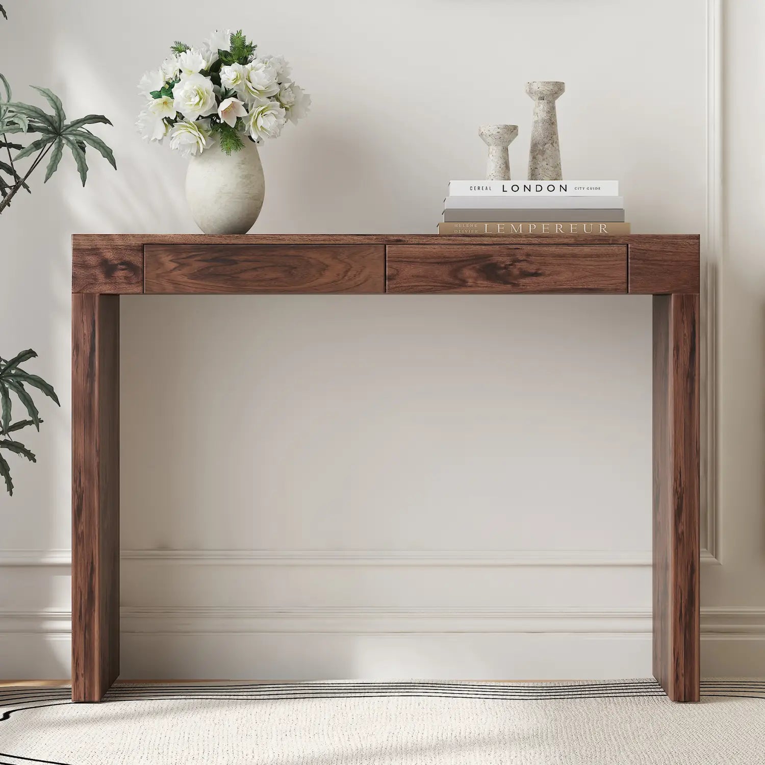 Dark wood walnut wood bar table with double drawers and a sleek minimalist design measuring 50 inch.