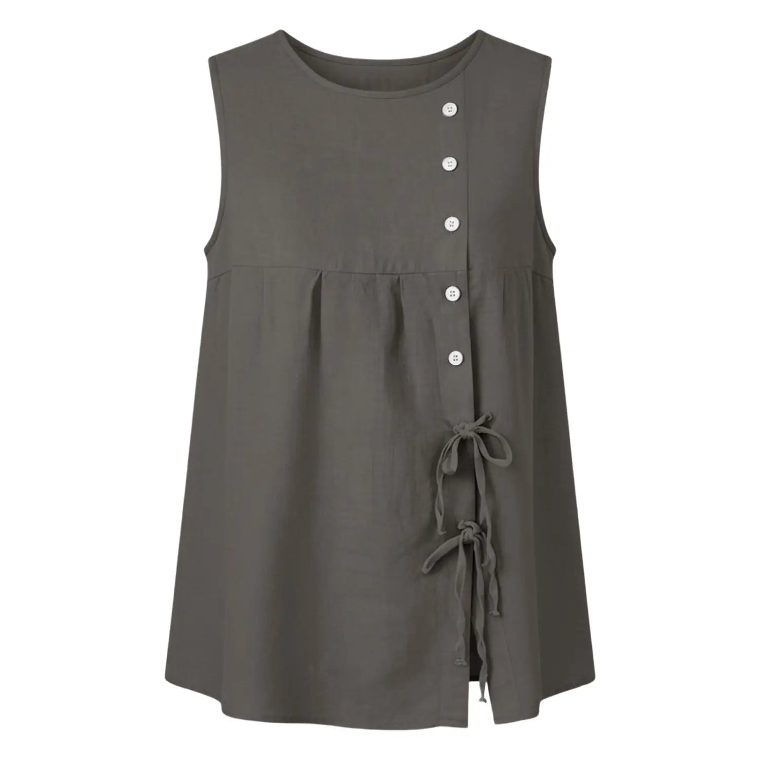A sleeveless olive green cotton tie side button down blouse with a round neckline and front button closure.