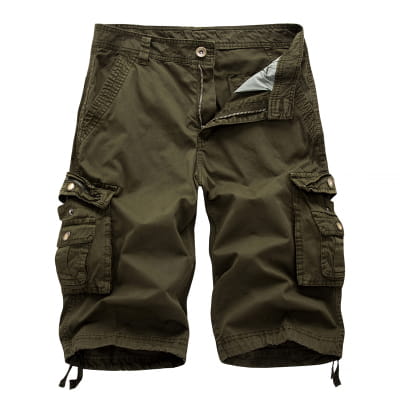 Bermudas cargo en coton pour hommes vert olive à poches multiples, dotés de plusieurs poches et de poignets à cordon de serrage pour un ajustement réglable.
