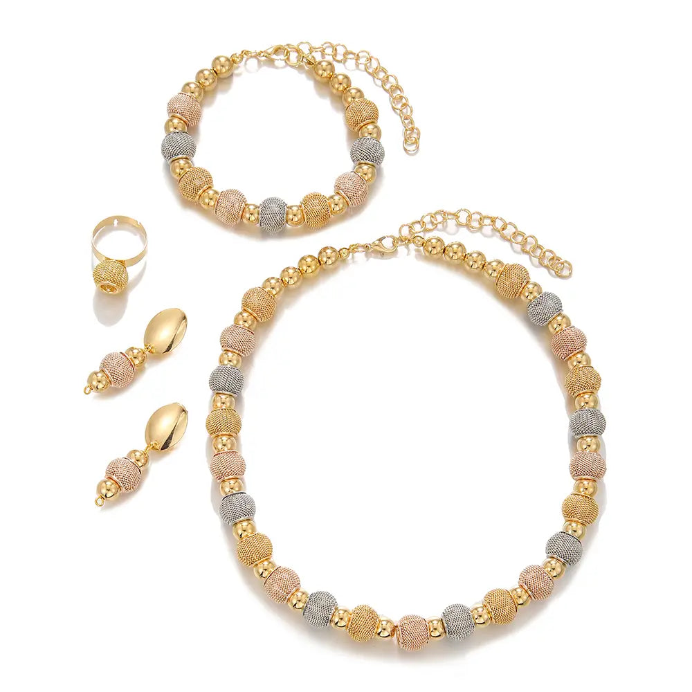 5-piece tri-tone metallic beaded jewelry set featuring gold rose gold and silver-toned textured spherical beads.