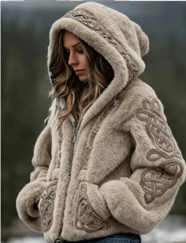 Sudadera con capucha y cremallera de pelo sintético color beige, con bordado detallado de nudos celtas marrones en las mangas y en los bolsillos delanteros.