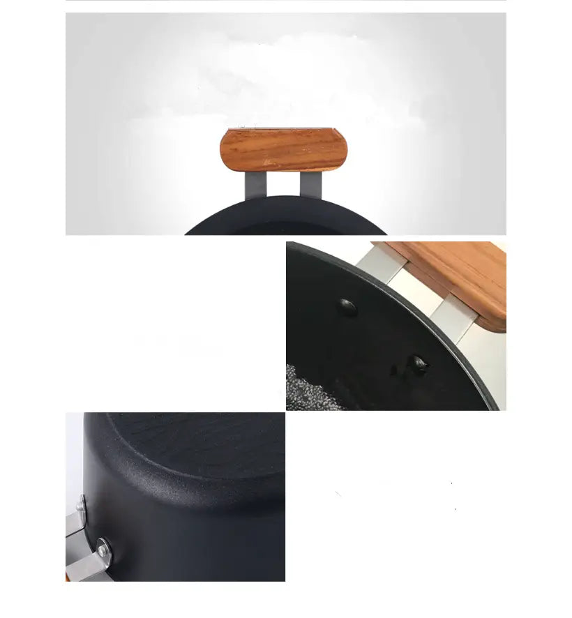 Olla de cerámica negra antiadherente con mango de madera y soportes metálicos, de un set de ollas de cerámica antiadherentes.