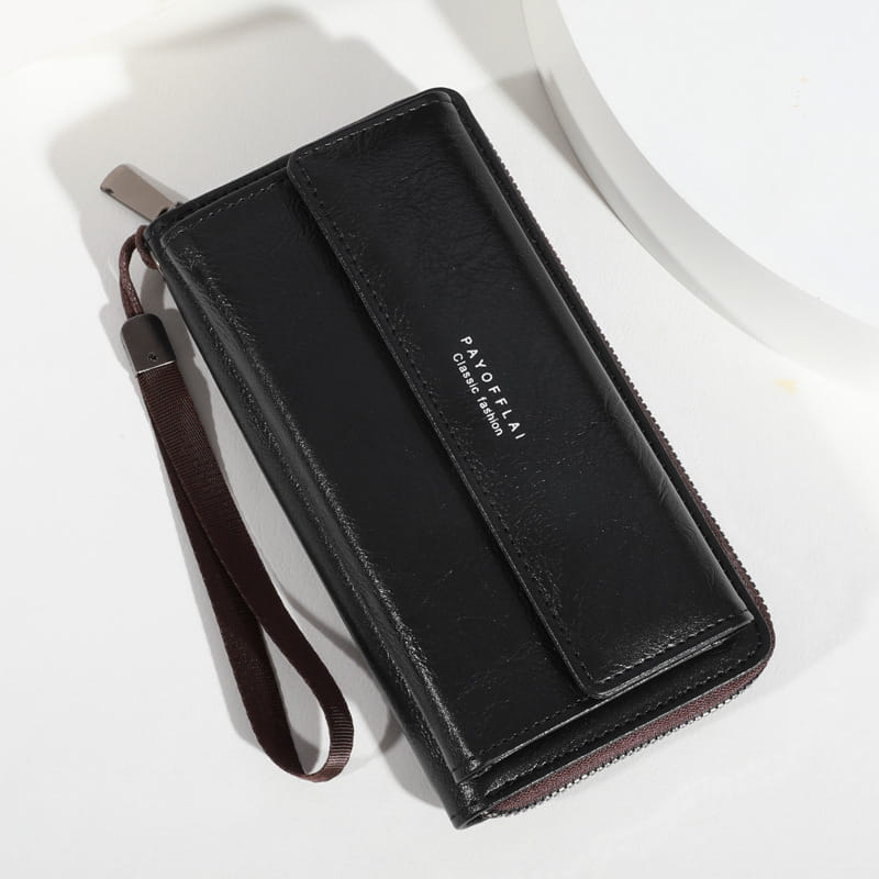 Black leather men’s pu leather long wallet with brown wrist strap silver zipper pull and payoflai classic fashion branding.