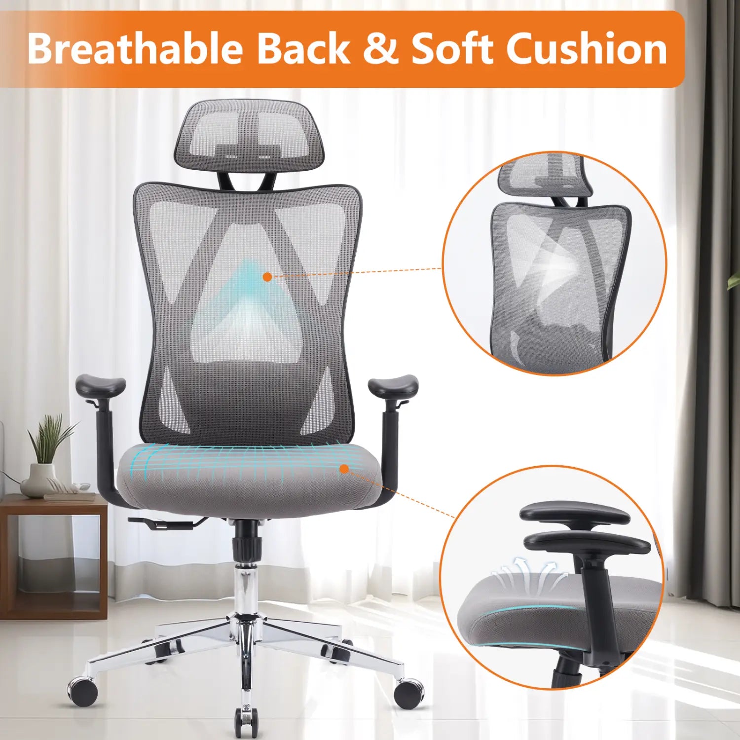 Ergonomic mesh office chair with adjustable headrest featuring gray mesh material, black armrests, and a chrome base.