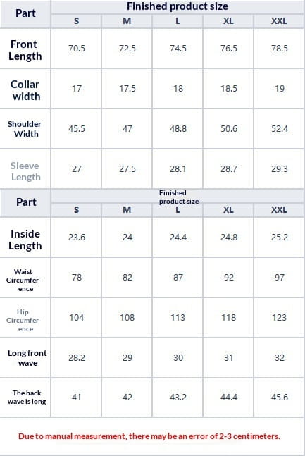 The table displays size measurements for the light blue short sleeve suit and shorts set including front length, collar width, shoulder width, and waist circumference across sizes S through XXL.