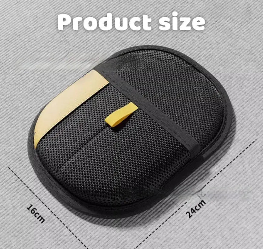 Black mesh pouch with a yellow zipper pull and black strap designed for storing the cat hair removal grooming mitt pet fur remover glove.