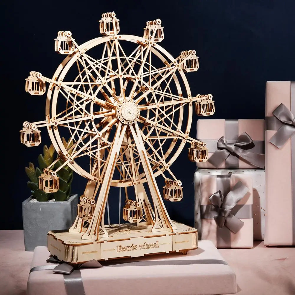 A intricately crafted 3d wooden puzzle ferris wheel and owl clock model featuring a natural light wood finish and detailed lattice structure.