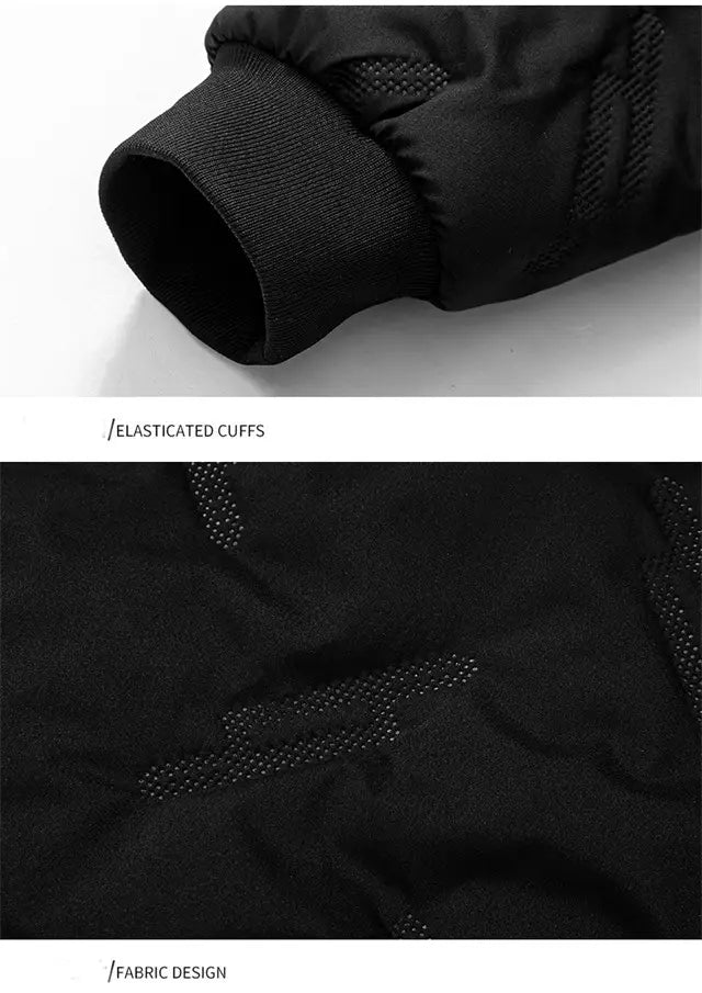 Men’s black graphene quilted winter jacket with fleece lining featuring elasticated cuffs and a subtle textured fabric design.