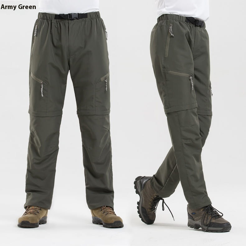 Army green convertible tactical hiking pants with multiple pockets and a black belt designed for outdoor activities.