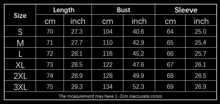 Size chart table for men’s quilted lightweight bomber jacket with stand collar showing measurements in centimeters and inches for sizes s through 3xl.