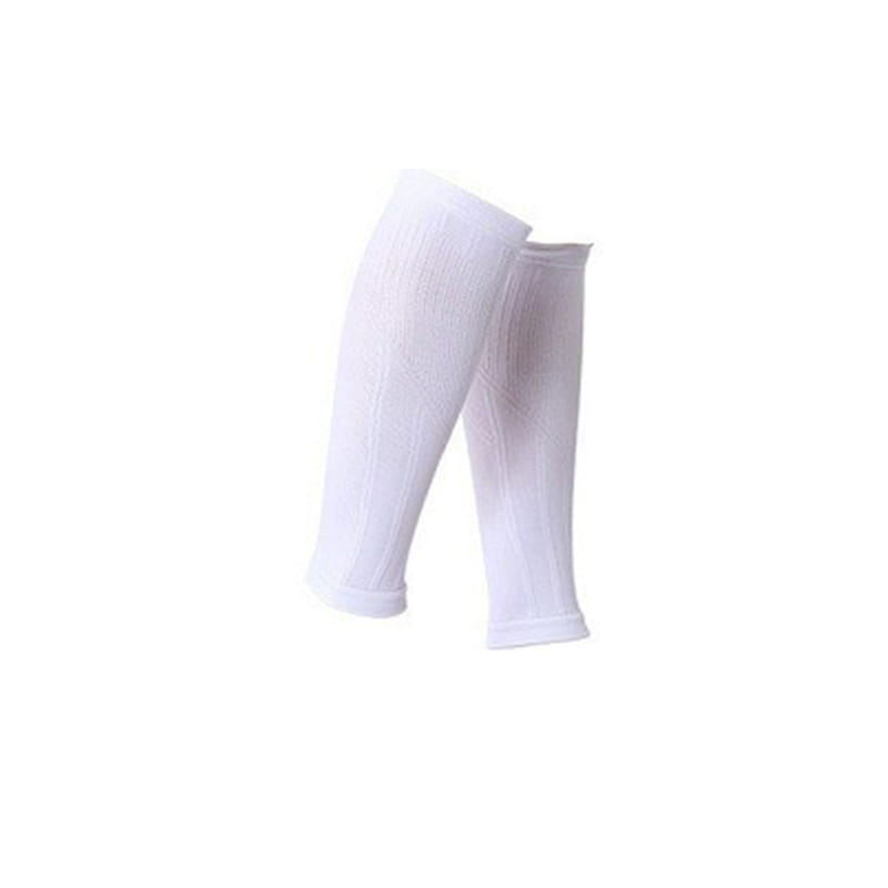 white compression calf sleeves with textured ribbed fabric design for athletic sports support